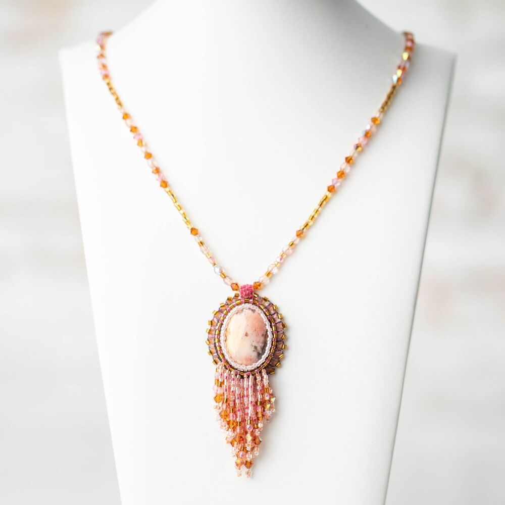 Hand Beaded Pink Stone Pendant Necklace Fringe Seed Bead Boho Artisan Statement